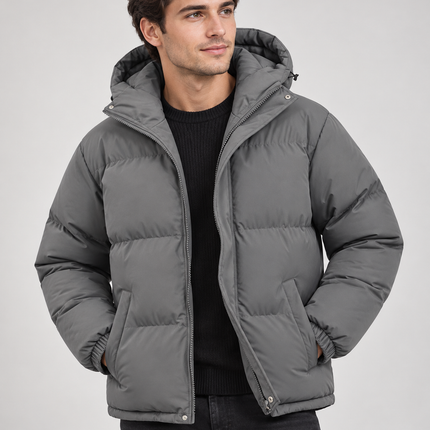 Men's Hooded Puffer Jacket with Funnel Neck