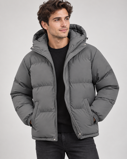 Men's Hooded Puffer Jacket with Funnel Neck