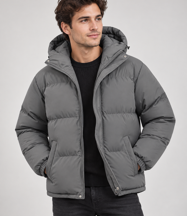 Men's Hooded Puffer Jacket with Funnel Neck