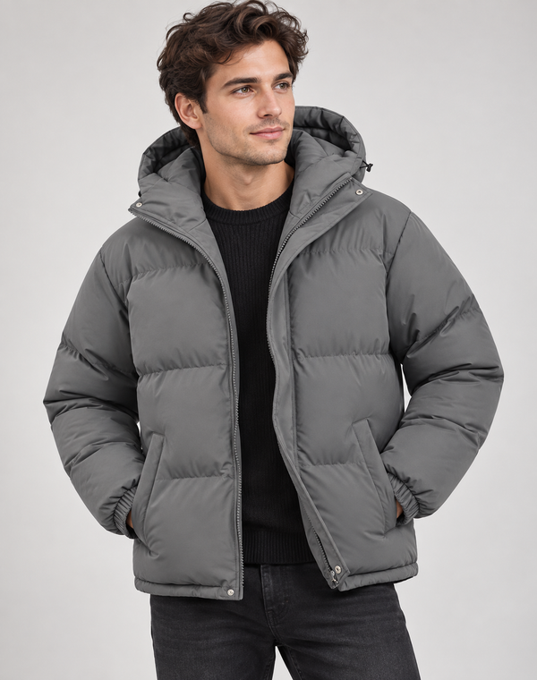 Men's Hooded Puffer Jacket with Funnel Neck