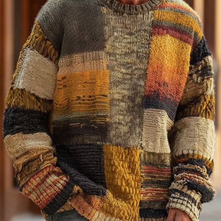 Men's Knit Sweater in Patchwork with Crewneck and Long Sleeve