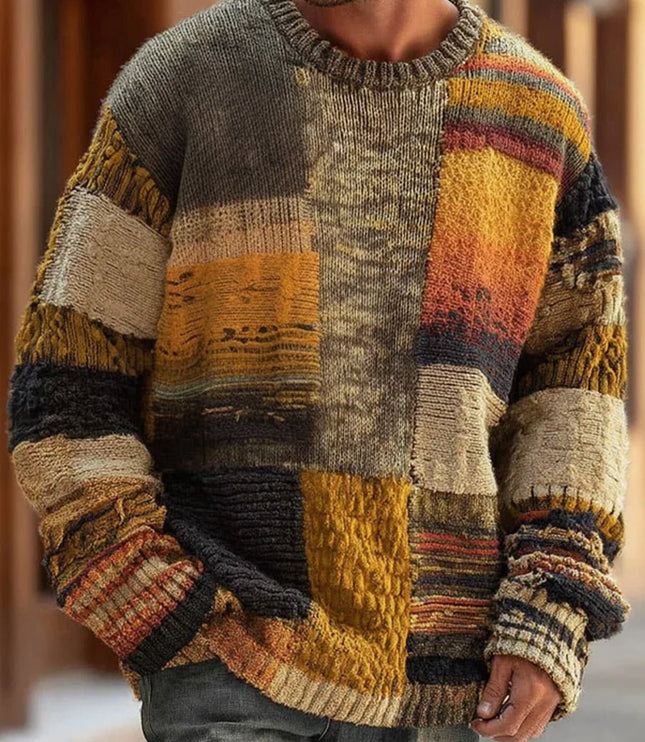 Men's Knit Sweater in Patchwork with Crewneck and Long Sleeve