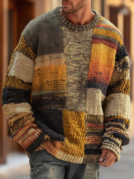 Men's Knit Sweater in Patchwork with Crewneck and Long Sleeve