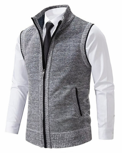 Men's Knit Sweater Vest with a Full Zip and Stand Collar