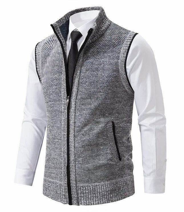 Men's Knit Sweater Vest with a Full Zip and Stand Collar