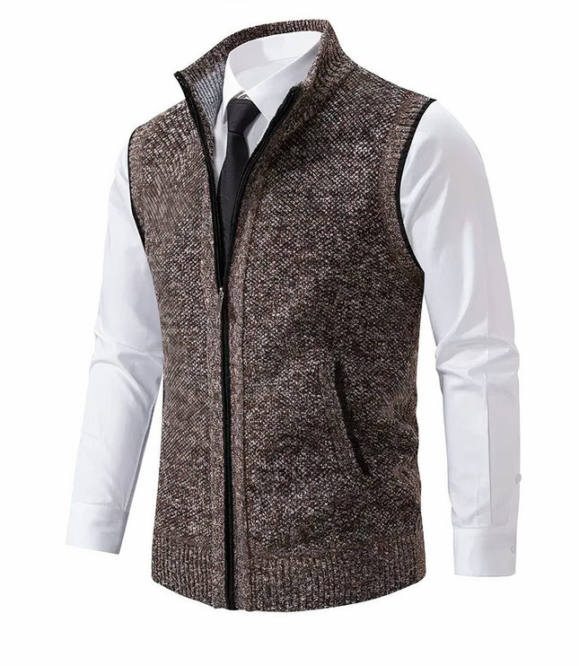 Men's Knit Sweater Vest with a Full Zip and Stand Collar