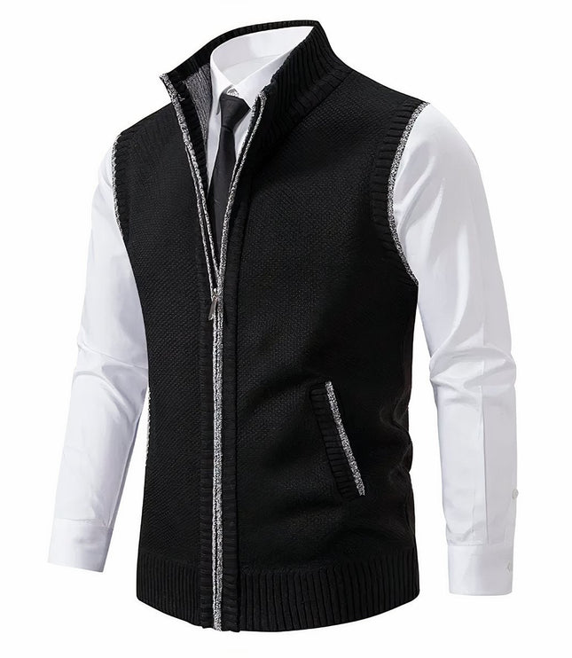 Men's Knit Sweater Vest with a Full Zip and Stand Collar