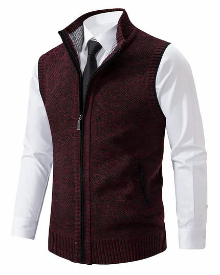 Men's Knit Sweater Vest with a Full Zip and Stand Collar