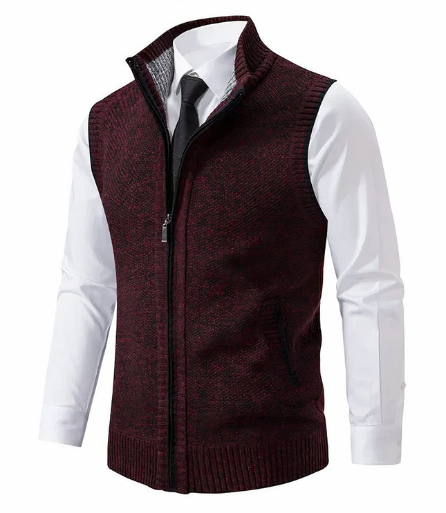 Men's Knit Sweater Vest with a Full Zip and Stand Collar