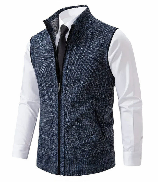 Men's Knit Sweater Vest with a Full Zip and Stand Collar