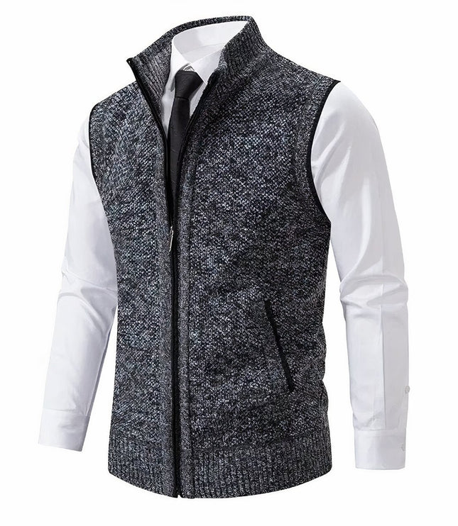 Men's Knit Sweater Vest with a Full Zip and Stand Collar