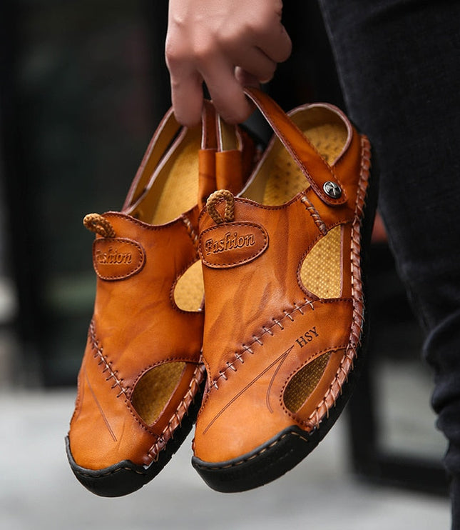 Men's Leather Clog Sandals with an Adjustable Strap