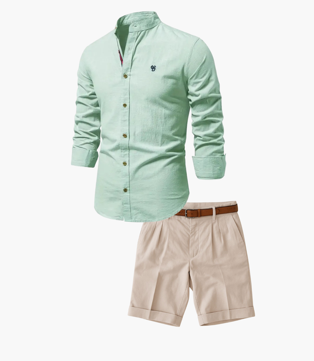 Men's Mandarin Collar Shirt and Shorts Matching Set