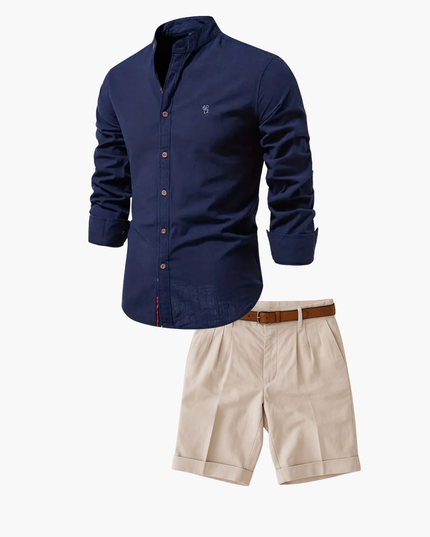 Men's Mandarin Collar Shirt and Shorts Matching Set
