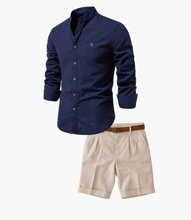 Men's Mandarin Collar Shirt and Shorts Matching Set