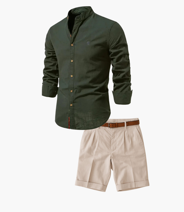 Men's Mandarin Collar Shirt and Shorts Matching Set