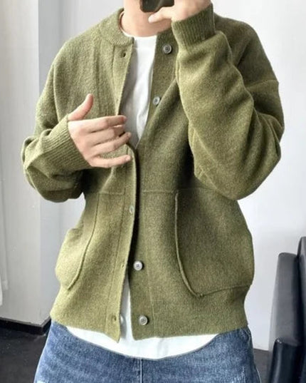 Men's Oversized Knit Cardigan with a Crewneck and Buttons