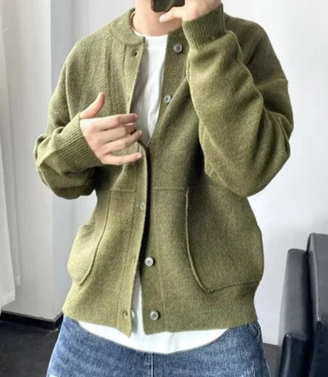 Men's Oversized Knit Cardigan with a Crewneck and Buttons