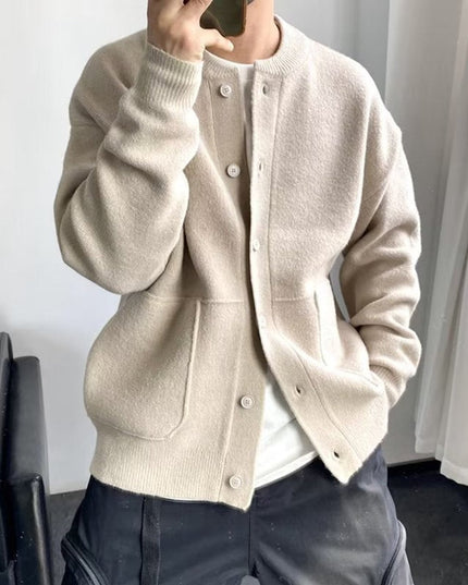 Men's Oversized Knit Cardigan with a Crewneck and Buttons