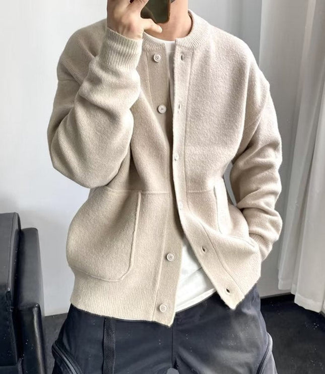 Men's Oversized Knit Cardigan with a Crewneck and Buttons