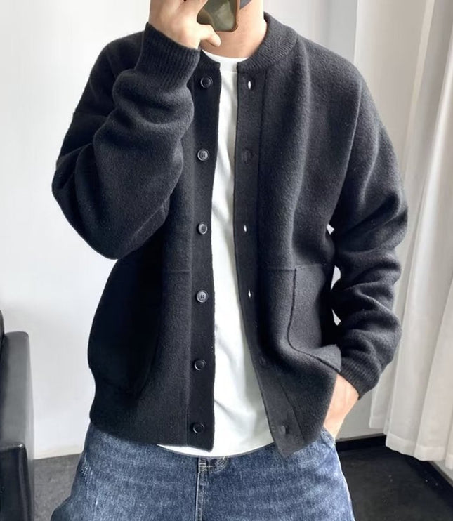 Men's Oversized Knit Cardigan with a Crewneck and Buttons