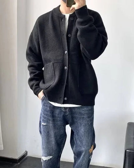 Men's Oversized Knit Cardigan with a Crewneck and Buttons