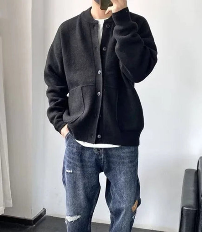 Men's Oversized Knit Cardigan with a Crewneck and Buttons