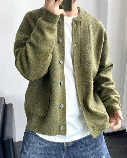Men's Oversized Knit Cardigan with a Crewneck and Buttons