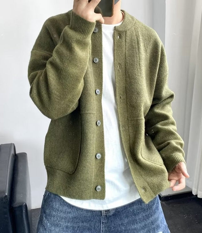 Men's Oversized Knit Cardigan with a Crewneck and Buttons