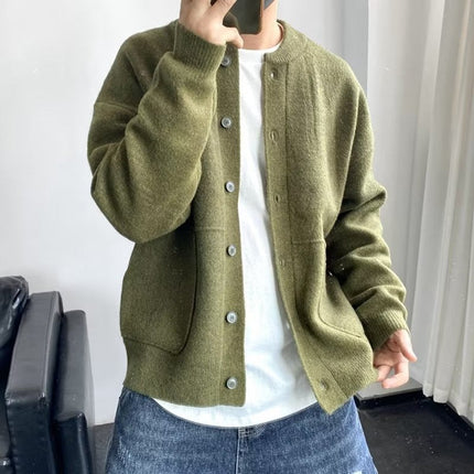 Men's Oversized Knit Cardigan with a Crewneck and Buttons