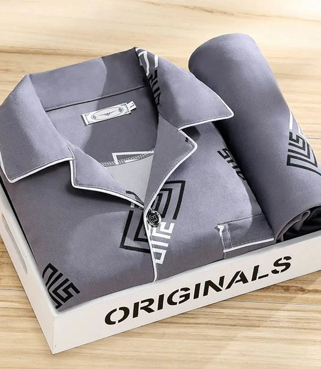 Men's Patterned Long Sleeve Pajama Set with Piping