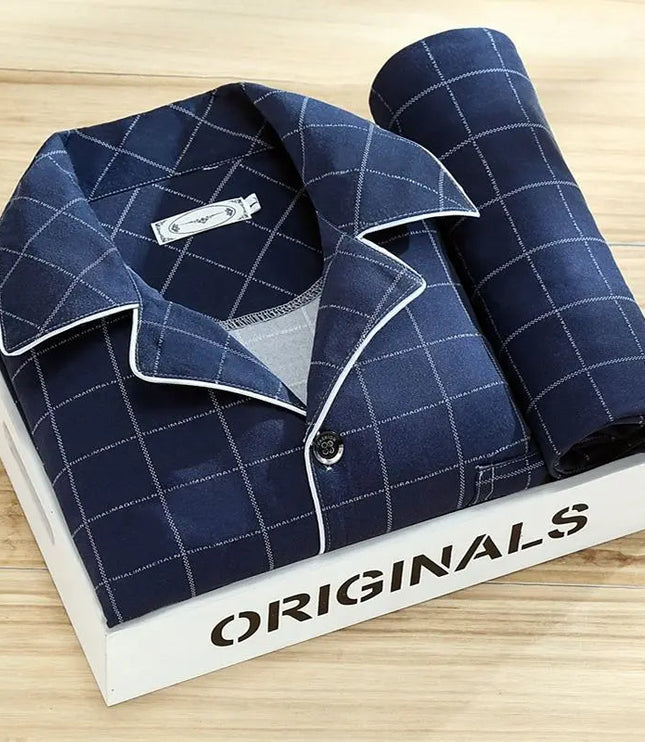 Men's Patterned Long Sleeve Pajama Set with Piping