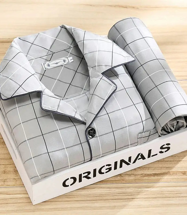 Men's Patterned Long Sleeve Pajama Set with Piping