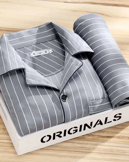 Men's Patterned Long Sleeve Pajama Set with Piping