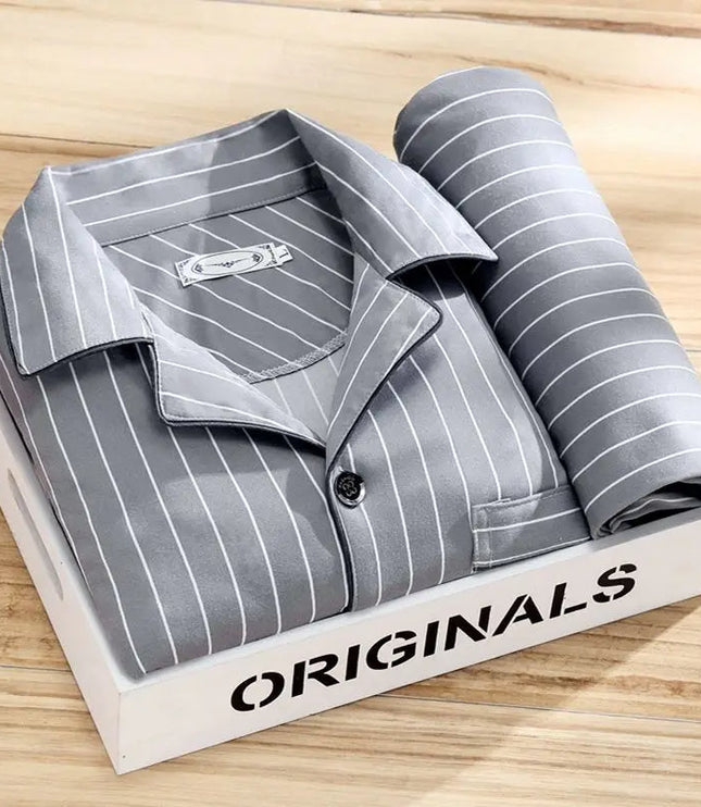 Men's Patterned Long Sleeve Pajama Set with Piping