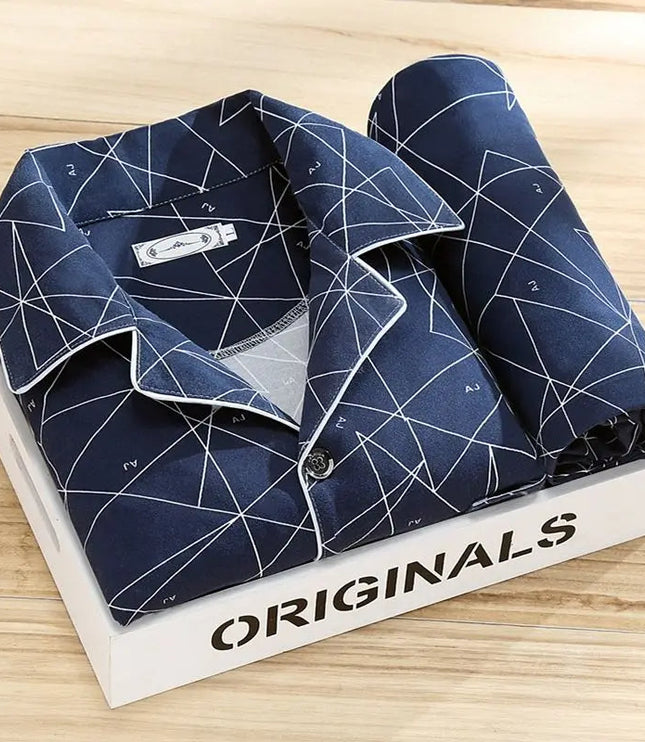 Men's Patterned Long Sleeve Pajama Set with Piping