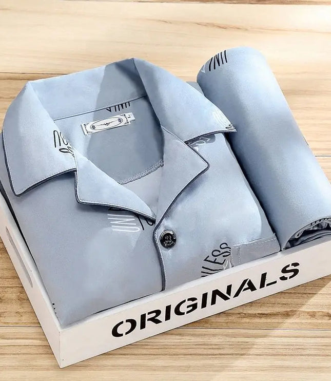 Men's Patterned Long Sleeve Pajama Set with Piping