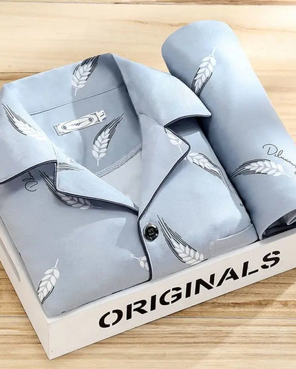 Men's Patterned Long Sleeve Pajama Set with Piping