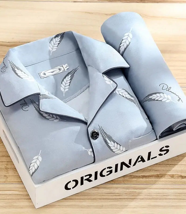 Men's Patterned Long Sleeve Pajama Set with Piping