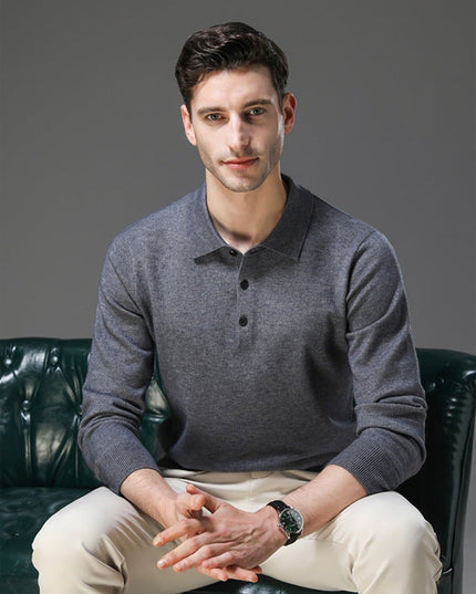 Men's Polo Knit Sweater with Long Sleeve Ribbed Cuffs