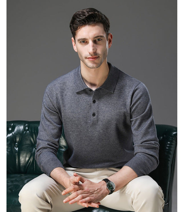 Men's Polo Knit Sweater with Long Sleeve Ribbed Cuffs