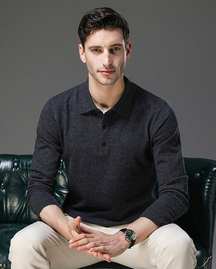 Men's Polo Knit Sweater with Long Sleeve Ribbed Cuffs