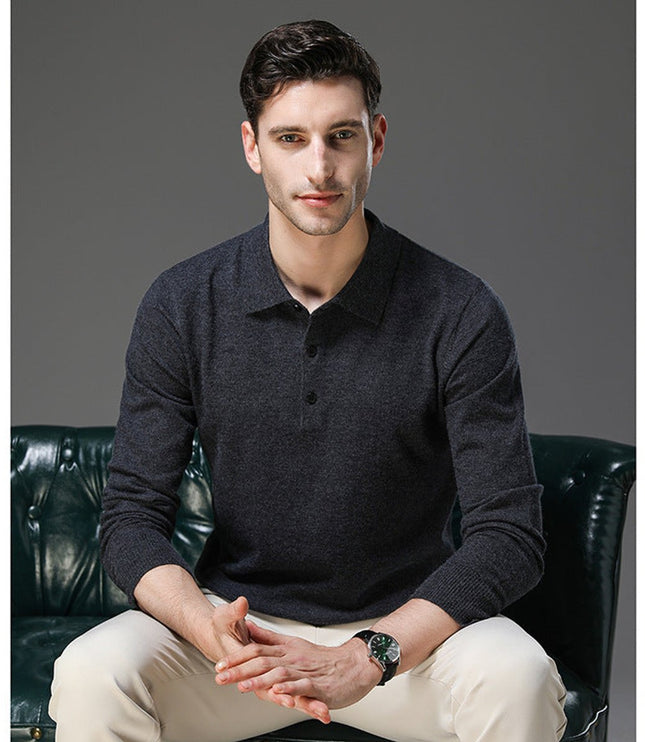 Men's Polo Knit Sweater with Long Sleeve Ribbed Cuffs