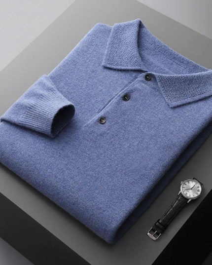 Men's Polo Knit Sweater with Long Sleeve Ribbed Cuffs