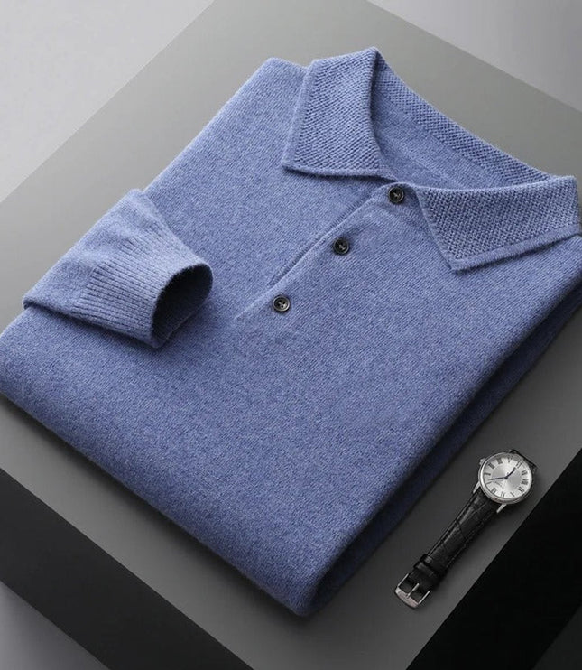 Men's Polo Knit Sweater with Long Sleeve Ribbed Cuffs