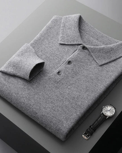 Men's Polo Knit Sweater with Long Sleeve Ribbed Cuffs