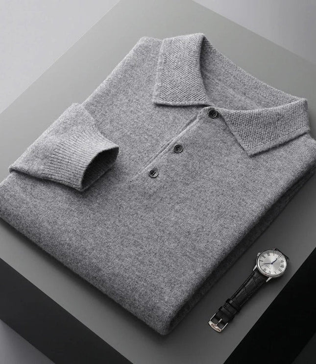 Men's Polo Knit Sweater with Long Sleeve Ribbed Cuffs