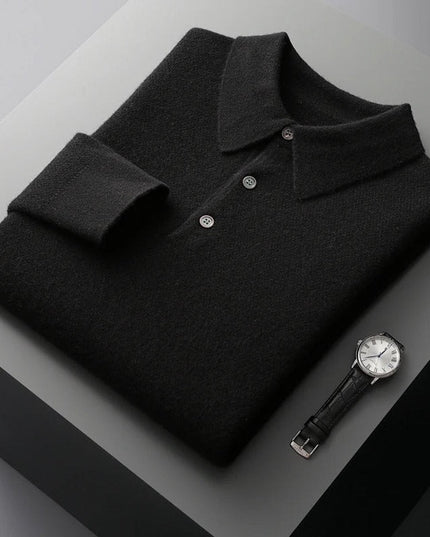 Men's Polo Knit Sweater with Long Sleeve Ribbed Cuffs