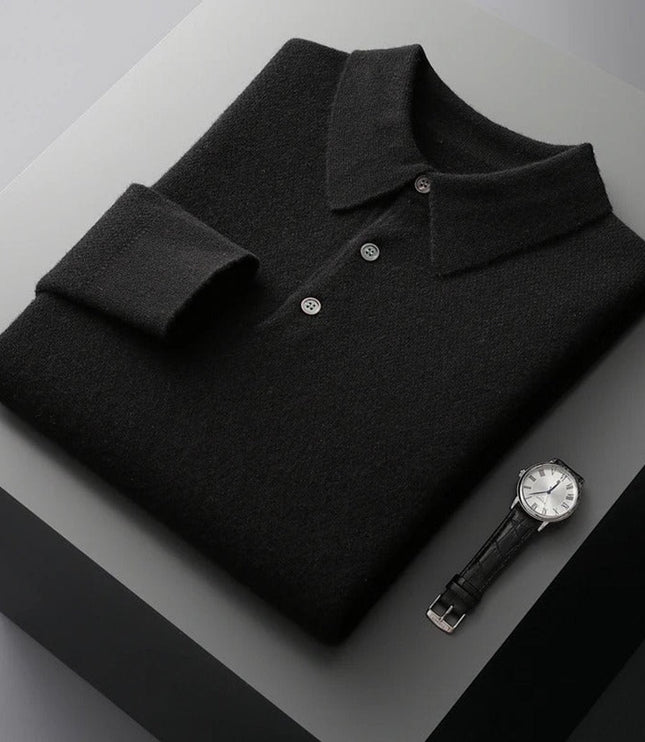 Men's Polo Knit Sweater with Long Sleeve Ribbed Cuffs