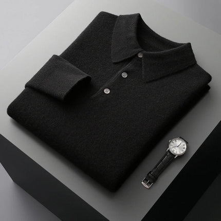Men's Polo Knit Sweater with Long Sleeve Ribbed Cuffs